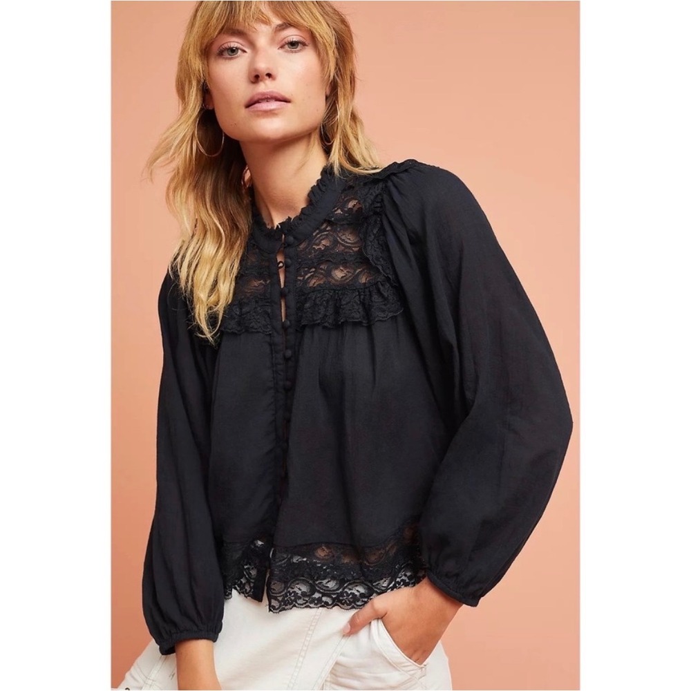 Anthropologie Akemi+Kin Callie Lace Blouse In Black Size 4 Victorian Feminine